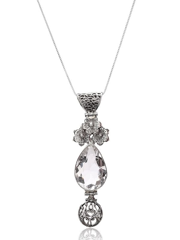 Floral Sterling Silver Pendant with Teardrop Shaped Crystal