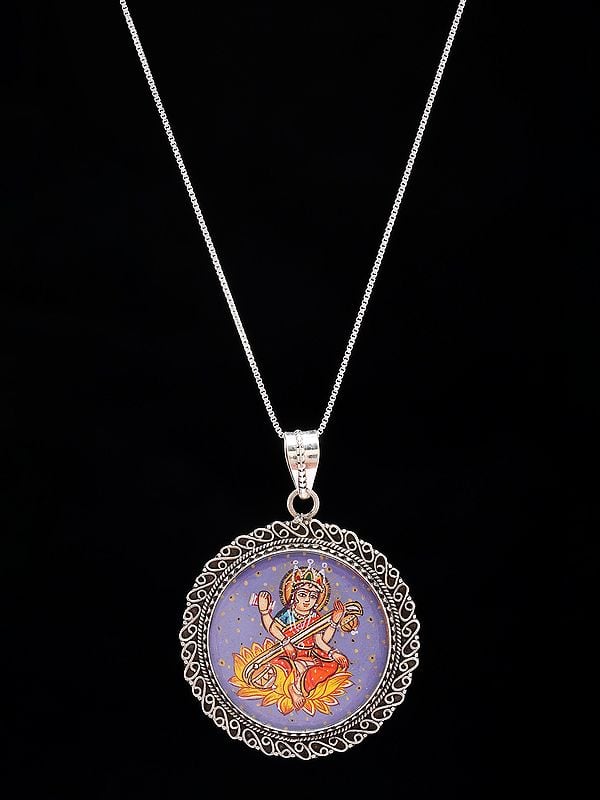 Round Shape Hand-Painted Goddess Saraswati Pendant