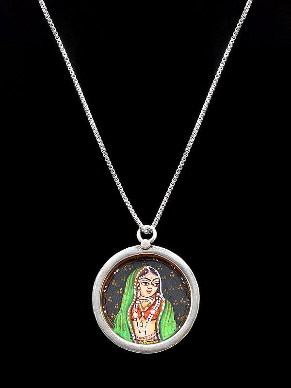 Hand-Painted Indian Woman Round Shape Pendant