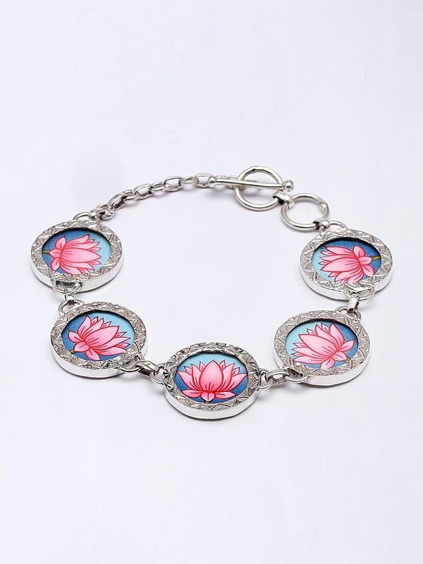 Hand-Painted Lotus Sterling Silver Bracelet