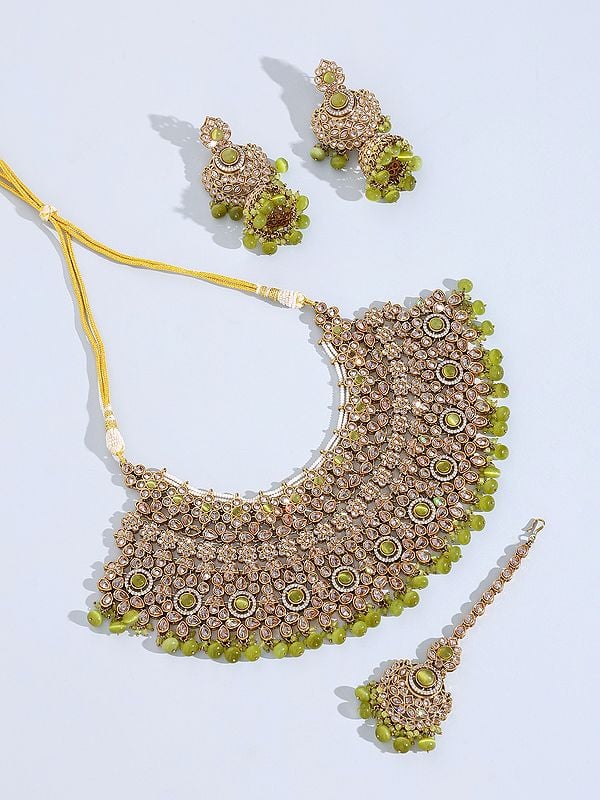 Padmavati Stone Studded and Beaded Choker Necklace Set with Earrings and Mangtika