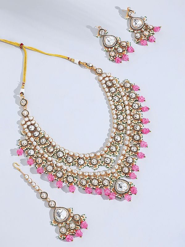 Kundan Studded Two Layer Necklace with Earrings and Mangtika Set