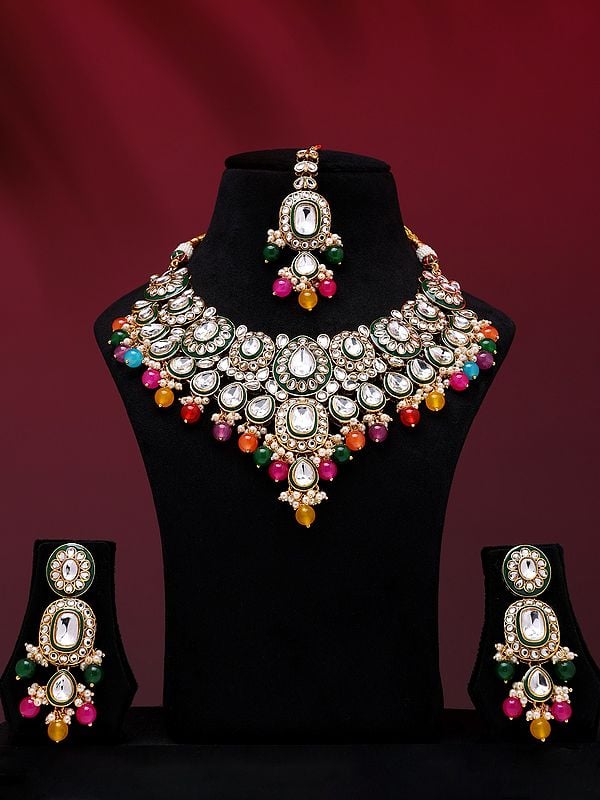 Multicolor Beads and Kundan Studded Necklace Set with Earrings and Mangtika