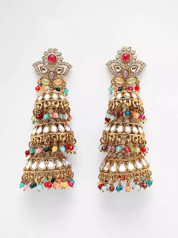 Stone Studded Dome Shaped Triple Layer Jhumka
