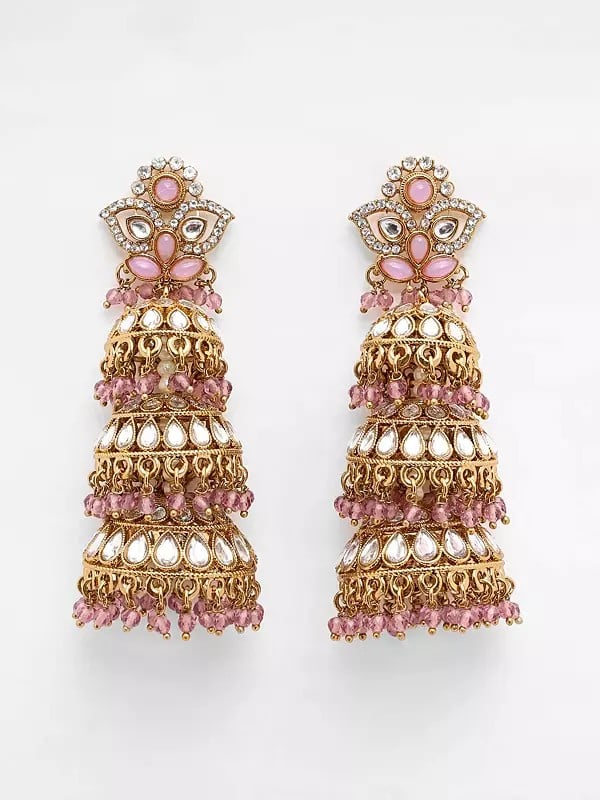 Stone Studded Dome Shaped Triple Layer Jhumka