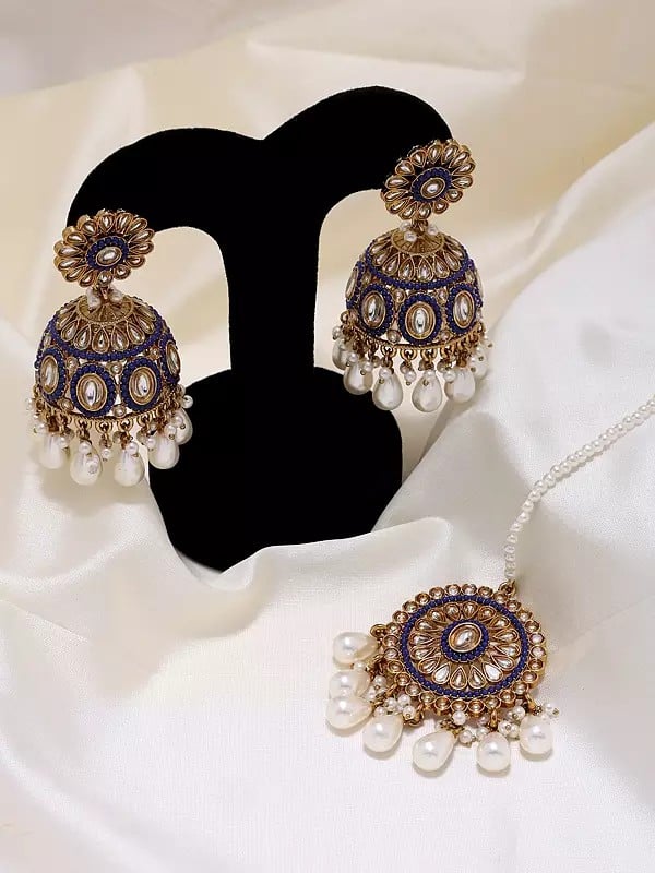 Kundan Studded Jhumka and Mangtika Set with Drop Beads