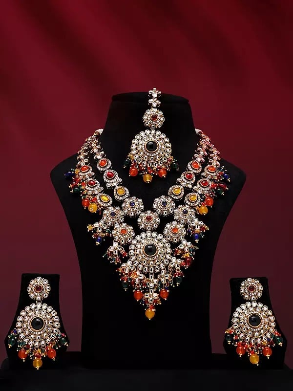 Multicolor Beads and Kundan Studded Long Necklace Set with Earrings and Mangtika