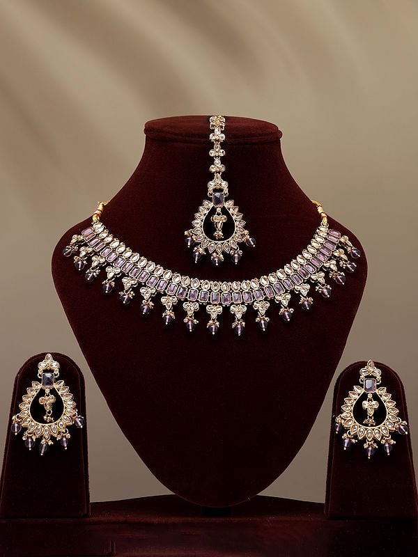 Stone Studded Necklace with Earrings and Mangtika Set with Drop Beads