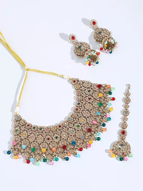 Multicolor Stone Studded Choker Necklace Set with Earrings and Mangtika