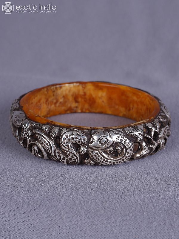 3.5" Amber And Silver Engraved Attracitve Bangle