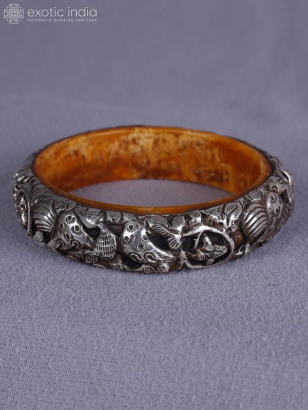 3.5" Engraved Designer Amber And Silver Bangle From Nepal