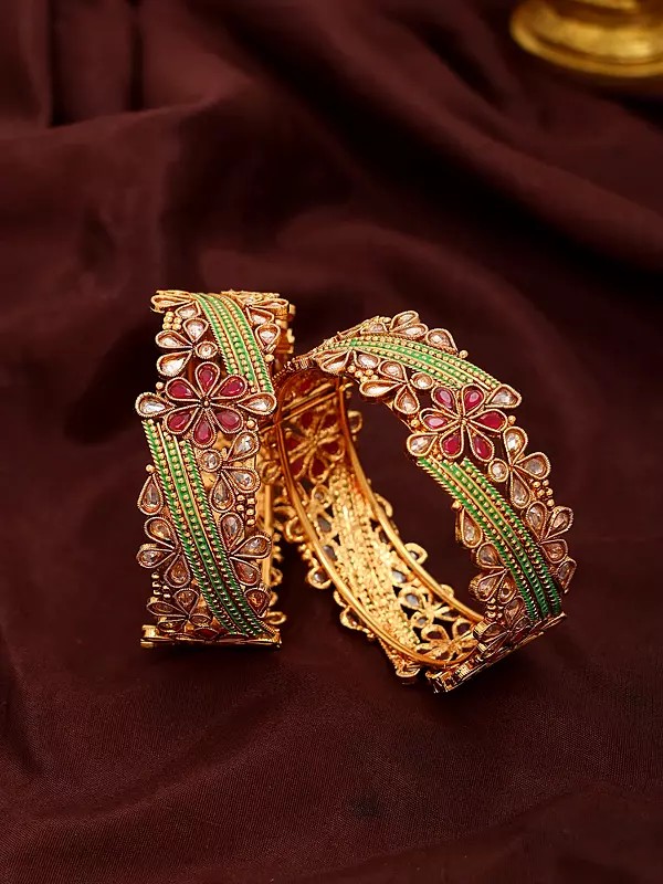 Multicolor Stone Studded Floral Design Openable Bangles