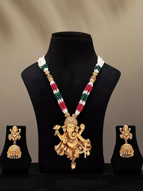 Stone Studded & Beaded Blessing Lord Ganesha Necklace Set with Earrings