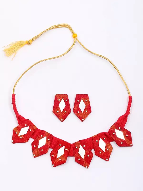 Handloom Sambalpuri Fabric Necklace and Earrings Set with Mirror Work