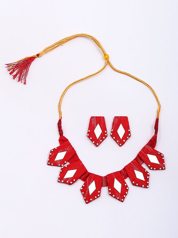 Red Handloom Sambalpuri Fabric Necklace and Earrings Set with Mirror Work