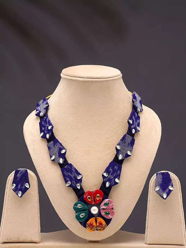 Stone Studded Floral Design Handloom Sambalpuri Fabric Necklace and Earrings Set