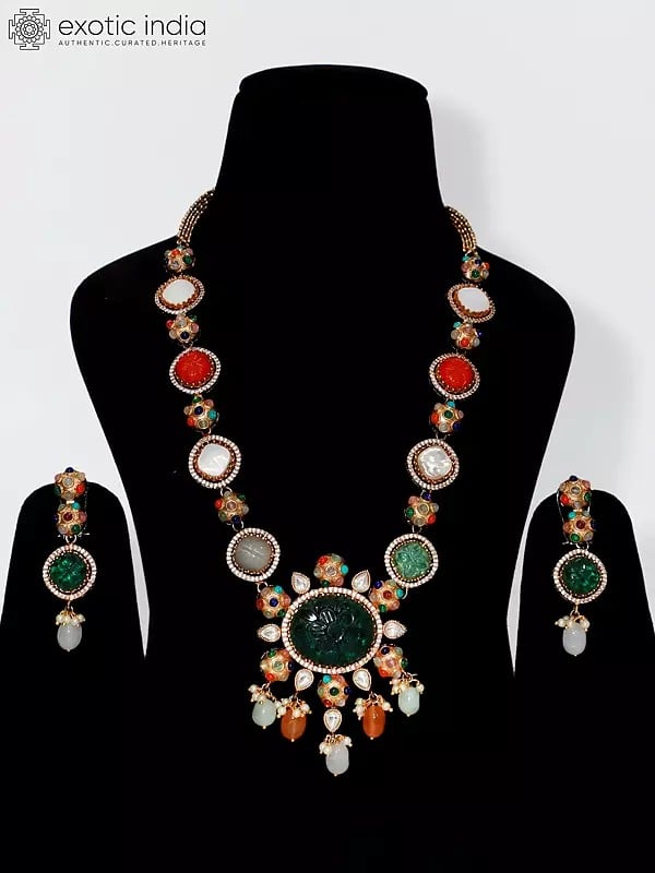 Multicolor Stone Studded Long Necklace Set with Earrings