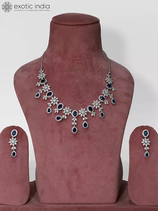 Floral Design Stone Studded Elegant American Diamond Necklace Set With Earrings