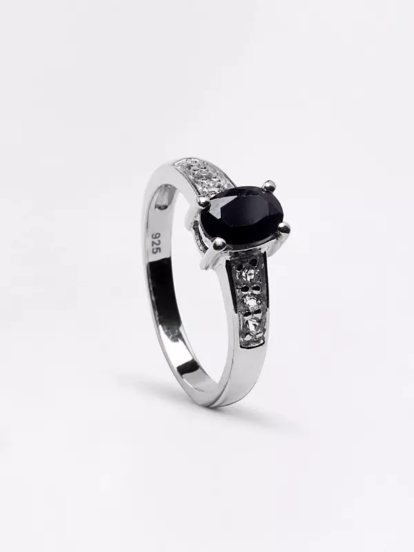 Oval Shape Faceted Black Onyx Ring with Cubic Zirconia
