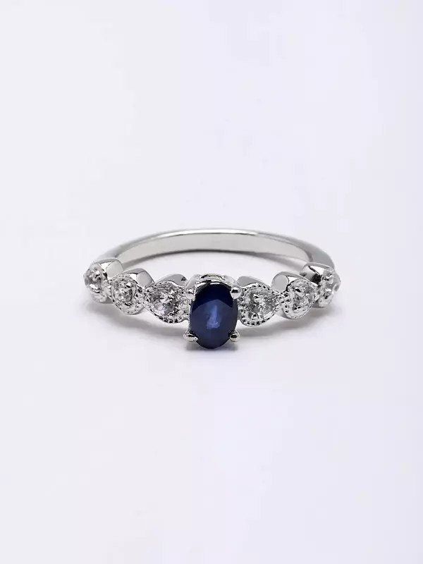 Oval Shape Faceted Blue Sapphire Ring with Cubic Zirconia