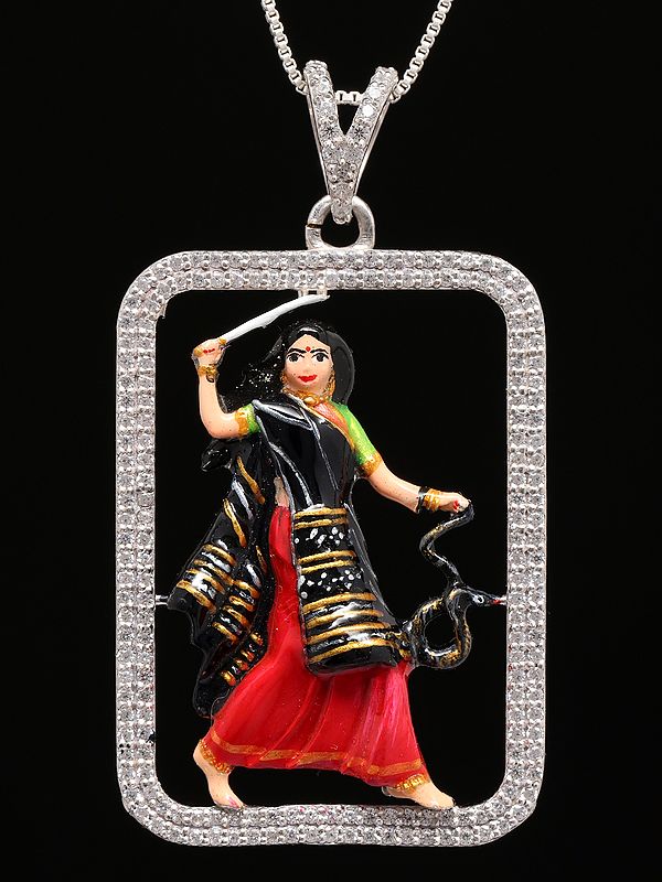 Stone Studded Mogal Maa Sterling Silver Pendant (Rare Goddess of India)