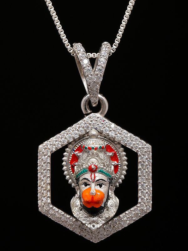 Stone Studded Lord Hanuman Face Sterling Silver Pendant