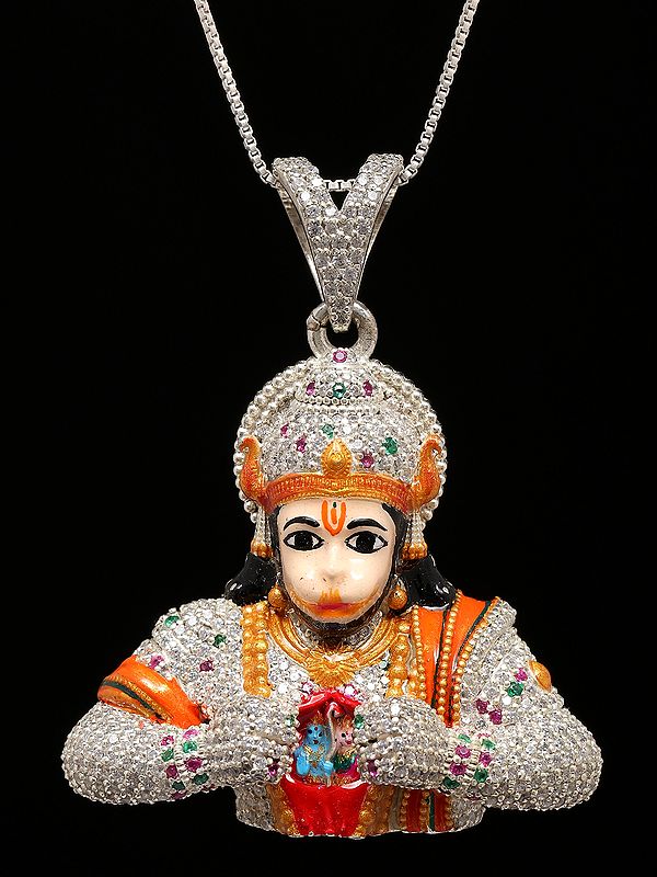 Stone Studded Lord Hanuman Tearing His Chest to Reveal Rama and Sita Pendant