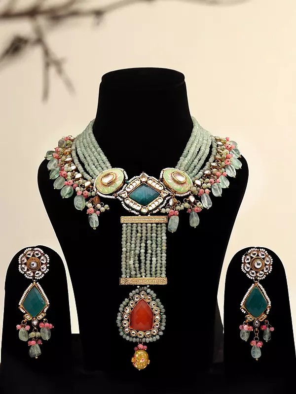 Stone Studded and Beaded Necklace and Earrings Set