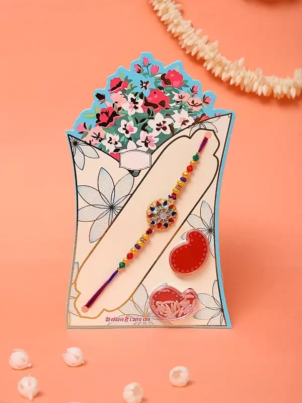 Floral Multicolor Beaded Rakhi with Kumkum and Akshat