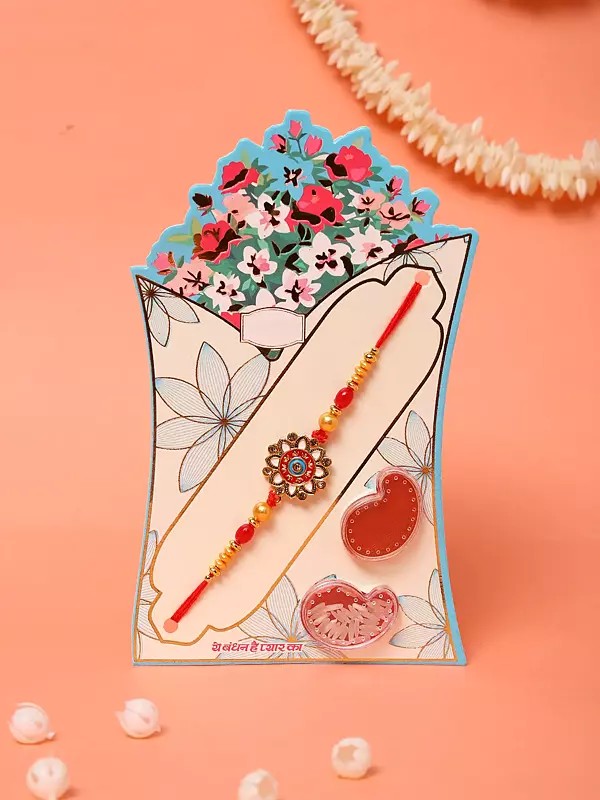 Floral Enamelled Rakhi with Kumkum and Akshat