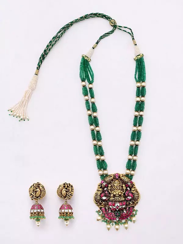 Traditional Goddess Laxmi Necklace and Earrings Set with Beaded Strand