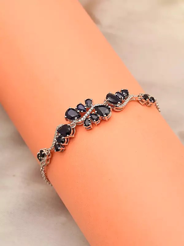 Floral Vine Bracelet with Faceted Blue Sapphire and CZ