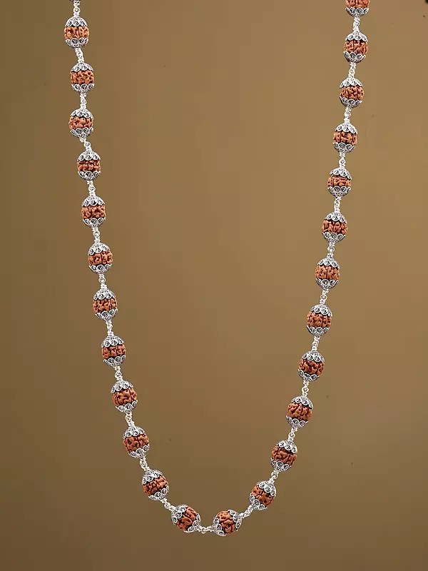 Genuine Certified Rudraksha Mala with Silver Work
