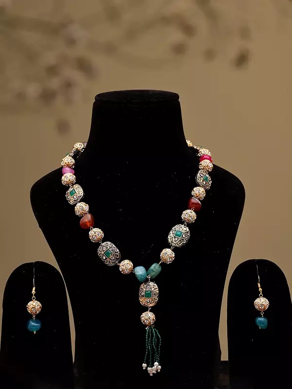 Multicolour Stone Necklace Set with Beaded Tassel and Earrings