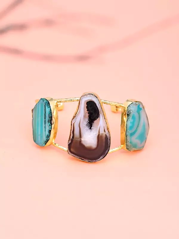 Abstract Stone Studded Triple Panel Open Cuff Bracelet