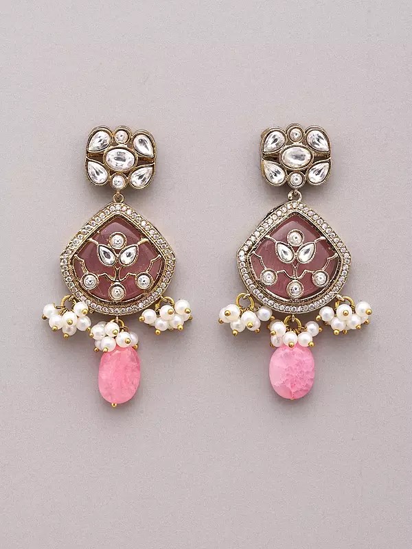 Ethnic Kundan-Style Stone Studded Earrings with Bead Drop
