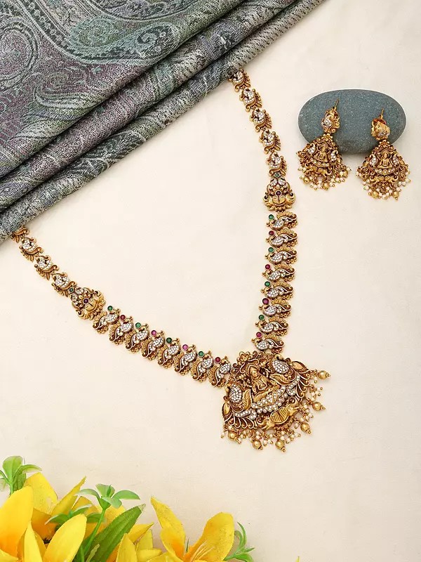 South Indian Style Haram Necklace and Earrings Set in Brass