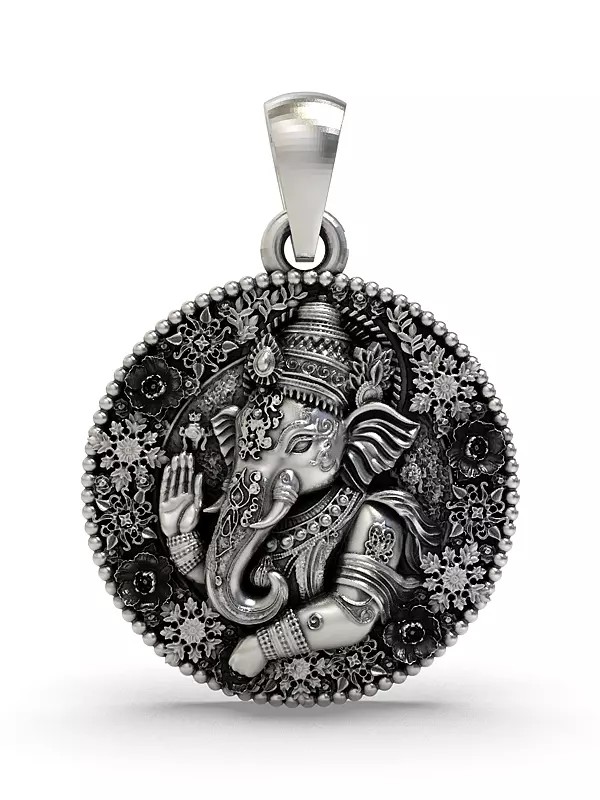Round Shape Floral Lord Ganesha Sterling Silver Pendant