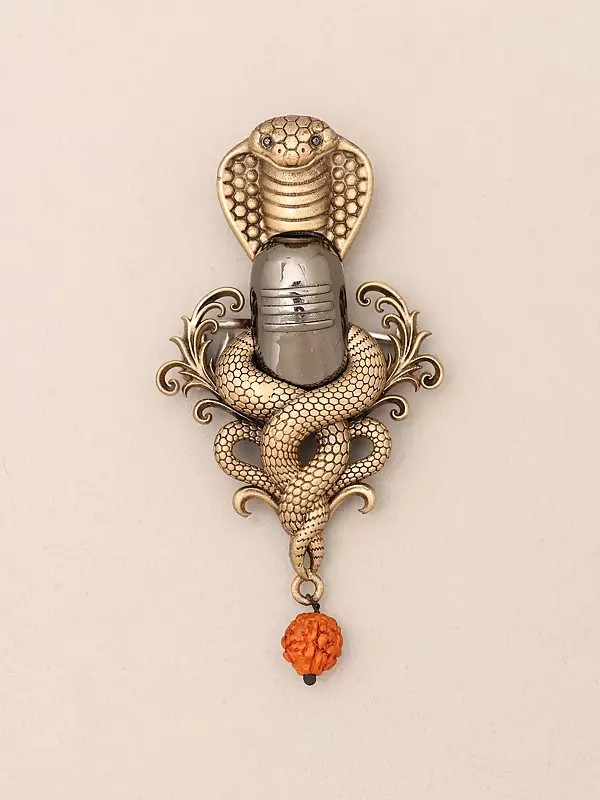 Antique-Finish Naga Shiva Lingam Brooch with Rudraksha