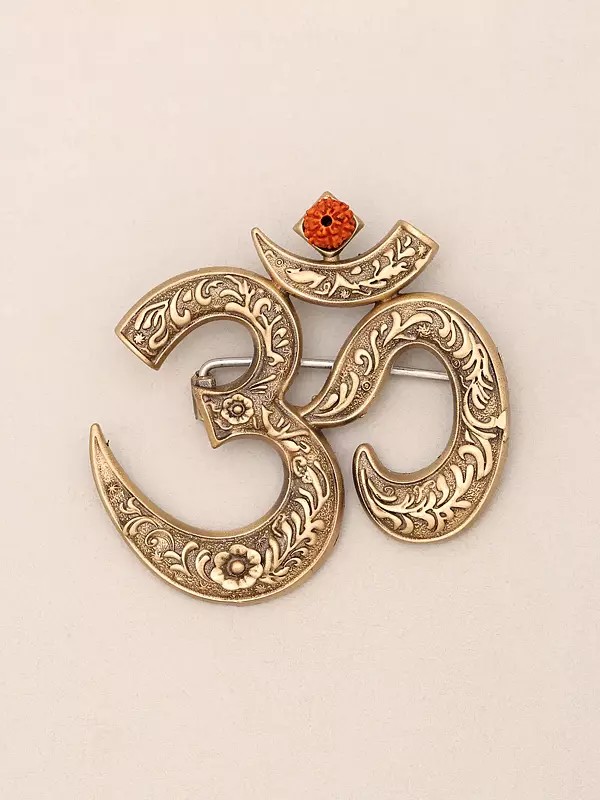 Engraved Brass Om Brooch with Rudraksha Accent