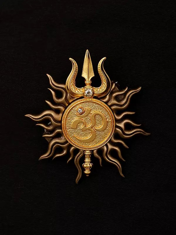 Divine Om Surya Chakra Gold Finish Trishul Brass Brooch