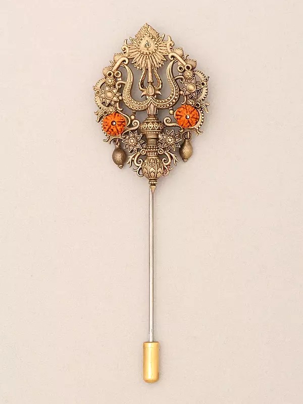 Ornate Trishul Brass Lapel Pin (Stick Brooch) with Rudraksha
