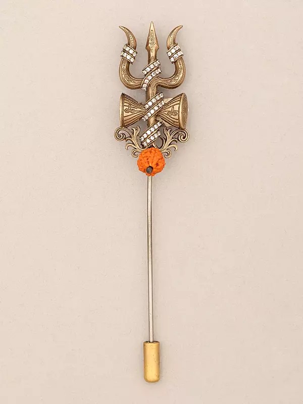 Lord Shiva Trishul Damru Brass Lapel Pin with Rudraksha