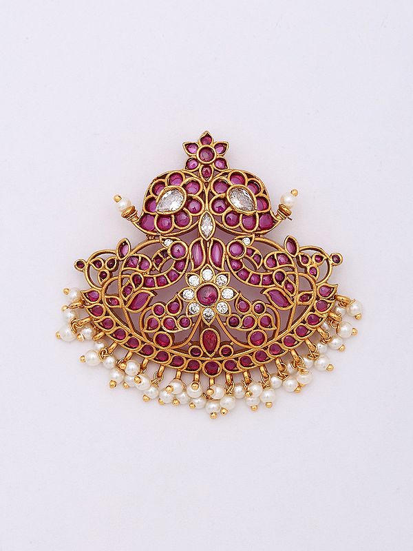 Traditional Stone-Studded Bun Billai (Juda Pin) with Pearl Drops