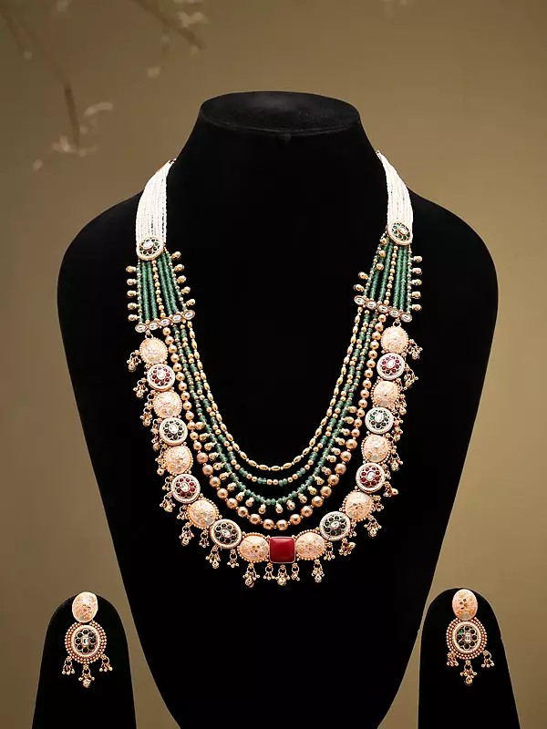 Multi Layer Rajwadi Kundan Rani Haar and Earrings Set With Ghungroo Drop