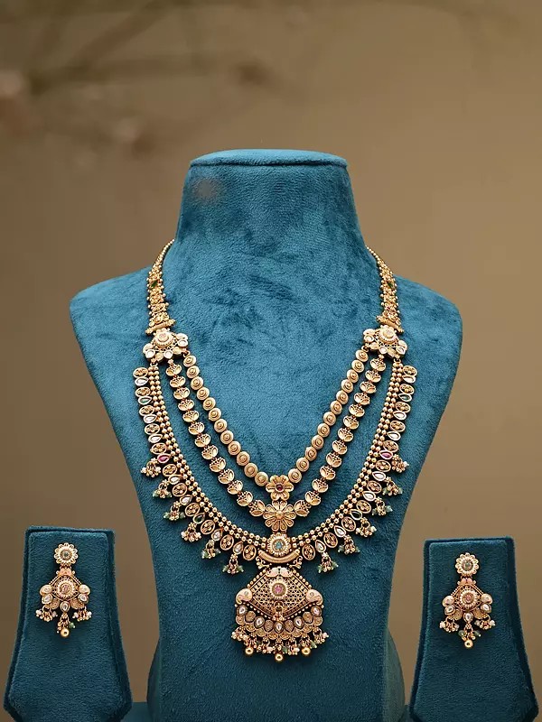 Traditional Three Layer Rajwadi Rani Haar and Earrings Set with Bead Drop