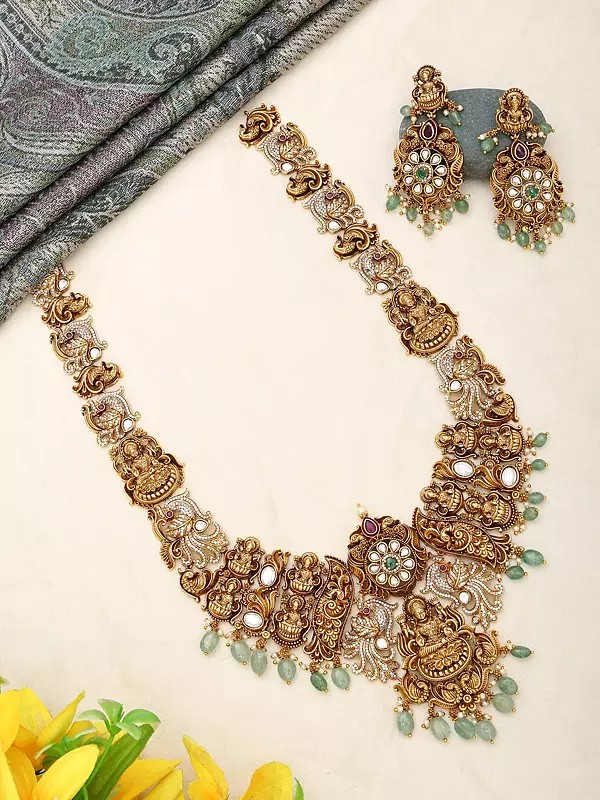 Antique Finish Temple Haram Brass Necklace and Earrings Set