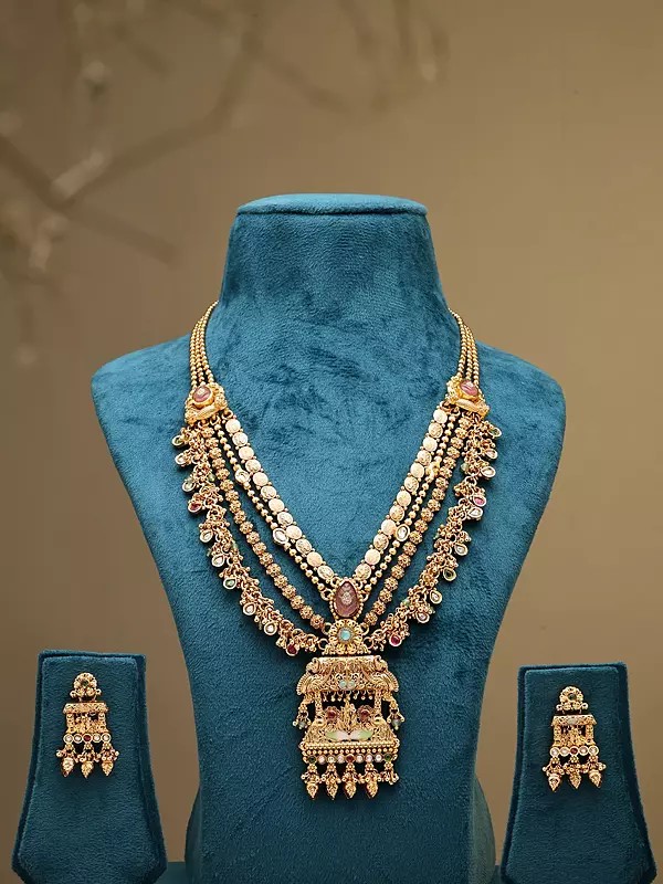 Multi-Layer Radha Krishna Temple Rajwadi Rani Haar Set with Bead Drop