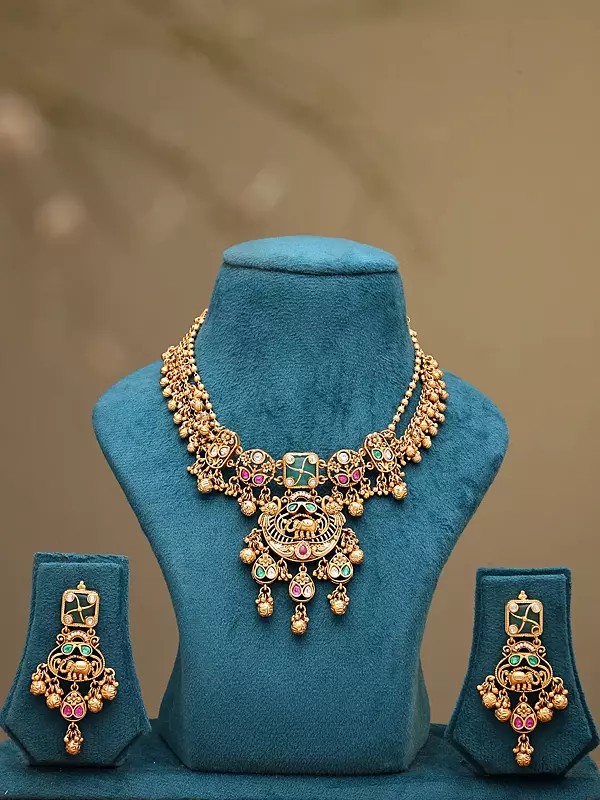Kundan Stone Studded Elephant Design Necklace Set with Ghungroo Drop