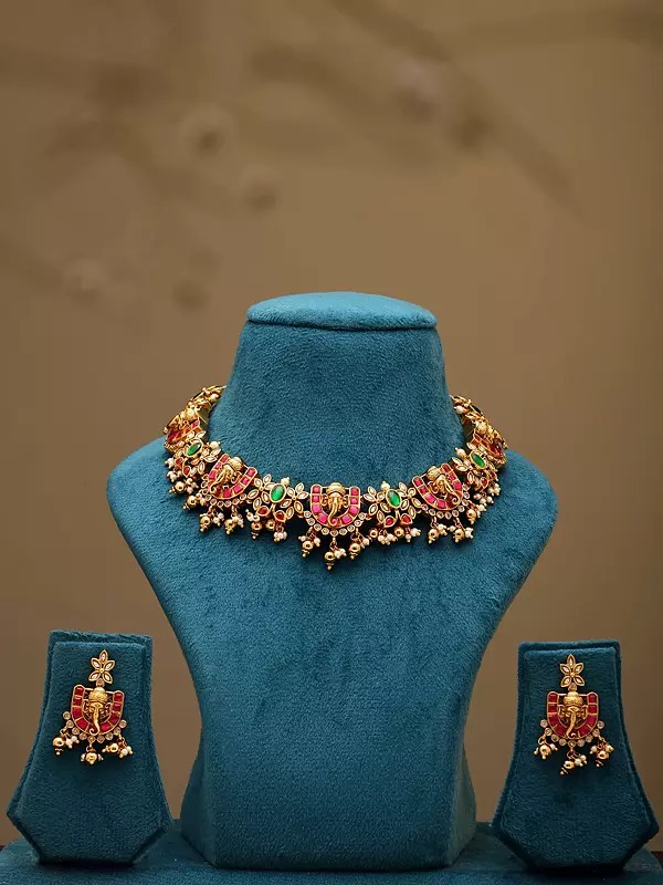 Temple-Style Lord Ganesha Traditional Necklace and Earrings Set